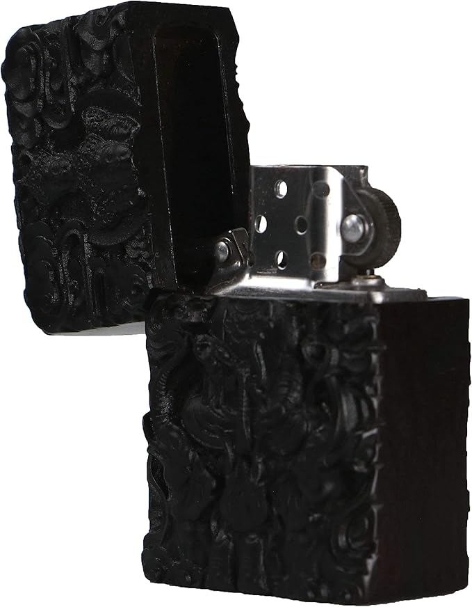 Natural Ebony Black Wood Carved Lighter Shell Box For Zippo Module (Namgyalma & Ushnishavijaya Buddha)