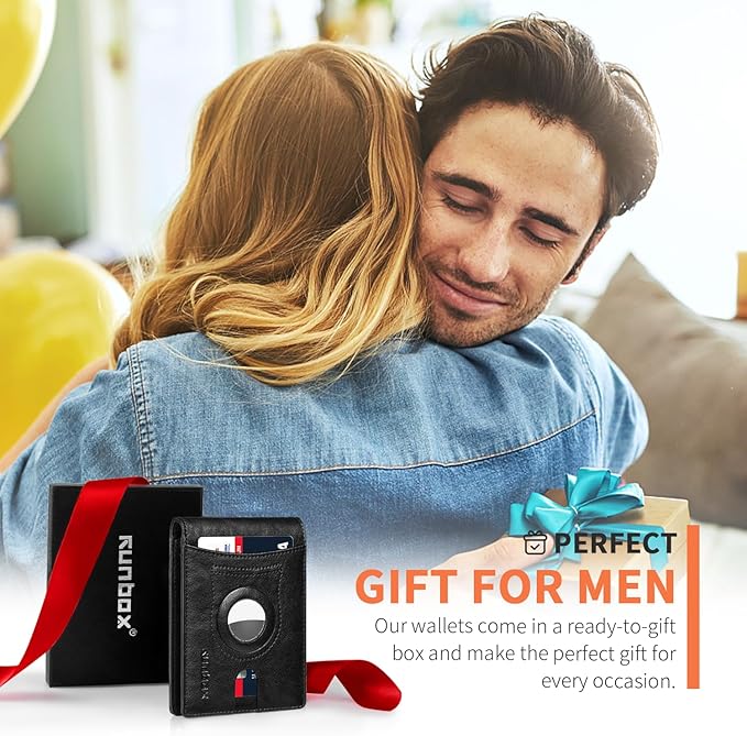 RUNBOX AirTag-Wallet-Mens-Slim-RFID Blocking Wallets Leather with Bill Compartment Air Tag Bifold Card Holder Wallet Gifts for Men Dad