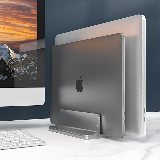 Vertical Laptop Stand, Adjustable 2 Slot Aluminum Desktop Holde(Up to 17.3 inch), Fits All MacBook/Microsoft Surface/HP/Dell/ChromeBook/iPad and Gaming Laptops (Grey)