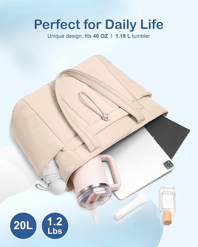 TOPDesign Puffy Tote Bag for Women with Cup Holder & Laptop Compartment & Cosmetic Bag & Trolley Sleeve for Work, Travel