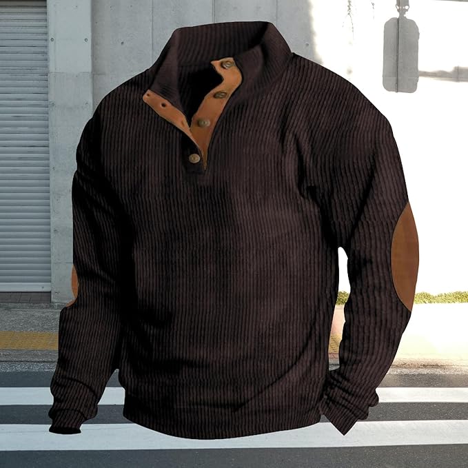 Men's Casual Corduroy Sweatshirt Long Sleeve Elbow Patches Pullover Fashion Stand Collar Quarter Button Sweatshirts