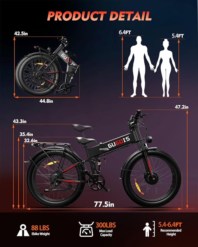 Electric Bike for Adults, 1000W/3000W Peak, 20"-26" Fat Tire Electric Dirt Bike, 48V 15.6Ah/23Ah Battery, Up to 30-35MPH & 45-60 Miles, Full Suspension, Dual Disc Brakes, 7-Speed All-Terrain E-Bike
