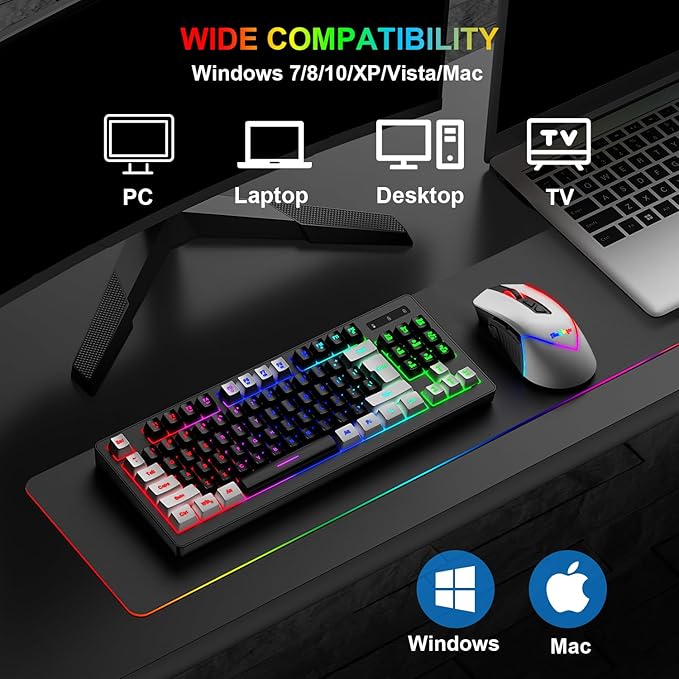 BlueFinger Wireless Gaming Keyboard and Mouse Combo, RGB Rainbow Backlit Rechargeable Battery, 87 Keys TKL Light Up Keyboard with Ergonomic Gaming Mouse for Mac Laptop Computer PC Gamer(White & Black)