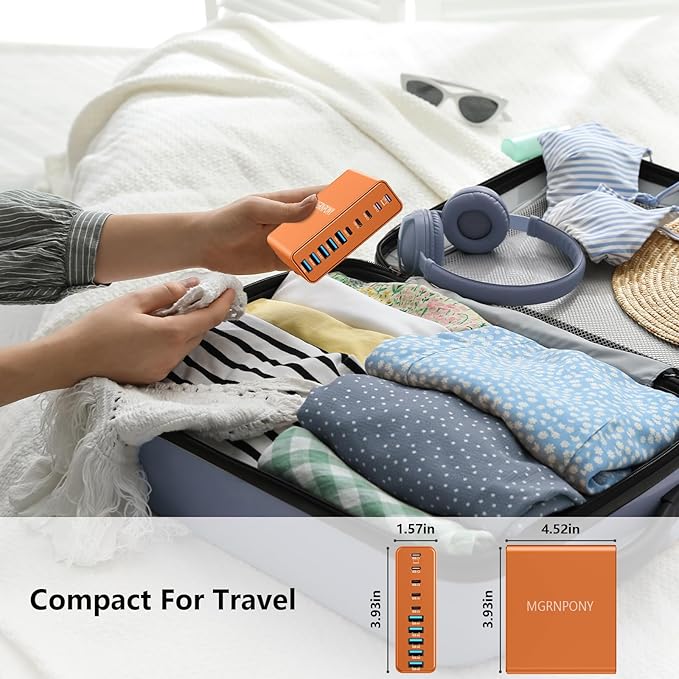 320W USB C Charger Block, 10-Port USB C Charging Station GaN III PD 65W Laptop Fast Charger Adapter for MacBook Pro/Air, DELL, iPad, iPhone, Samsung Galaxy (Orange)
