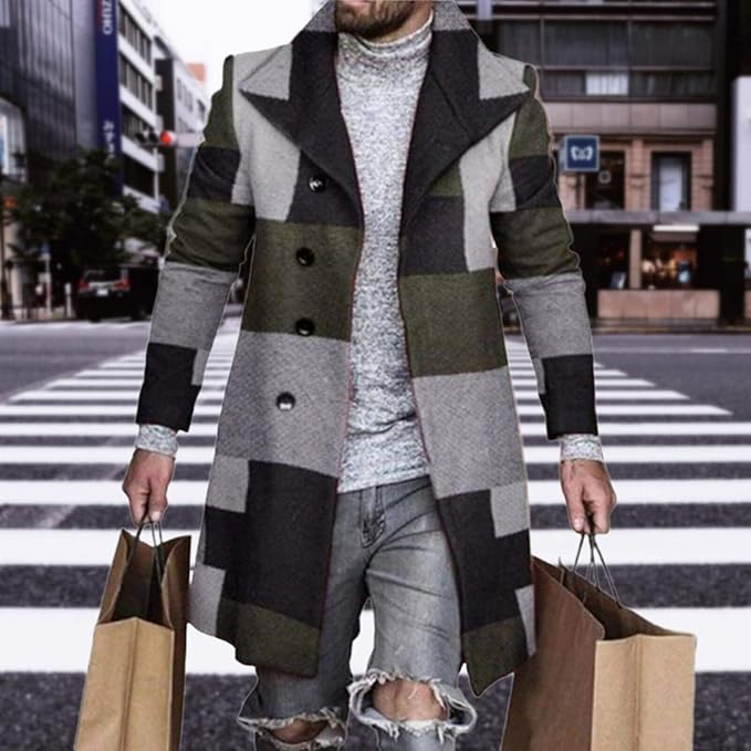 Men's Plaid Long Trench Coat Mid - Length Lapel Collar Button Down Warm Overcoat for Winter & Autumn Fashion