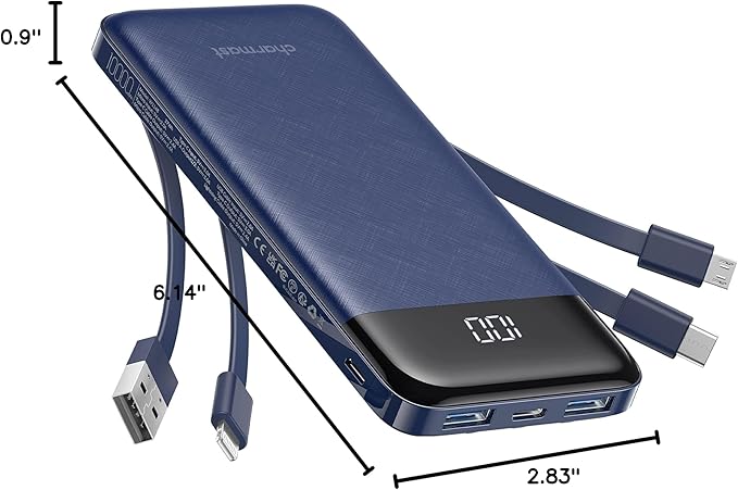 charmast Portable Charger with Built in Cables, Power Bank with Cords Wires, Slim 10000mAh Travel Battery Pack 6 Outputs 3 Inputs 3A Fast Charging for Samsung Google Pixel LG Moto iPhone iPad