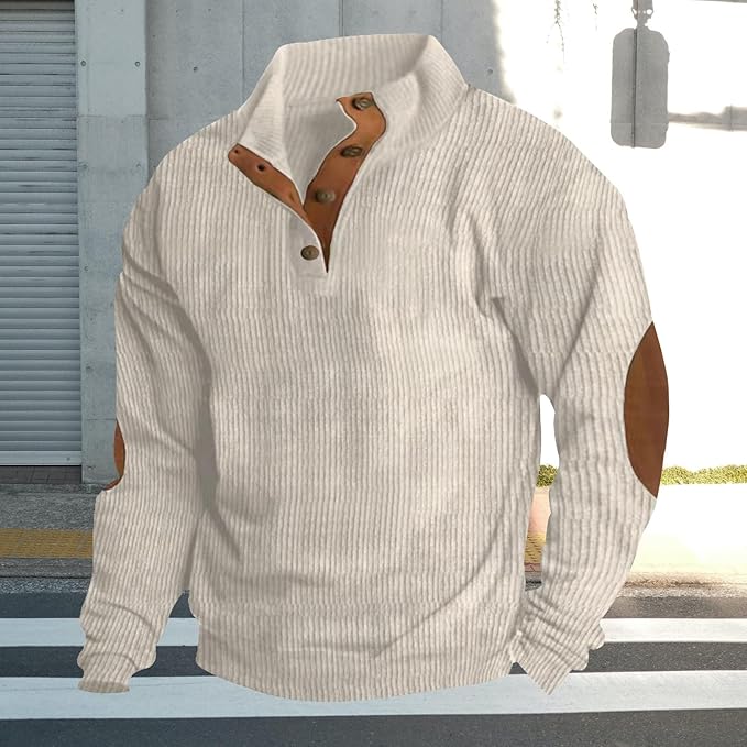 Men's Casual Corduroy Sweatshirt Long Sleeve Elbow Patches Pullover Fashion Stand Collar Quarter Button Sweatshirts