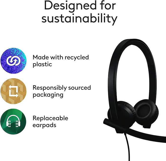 Logitech H570e USB Headset with Microphone for PC and Mac, USB-C Wired Headset with Stereo Sound, Noise-Canceling Mics and Inline Controls, Certified for Microsoft Teams, Black