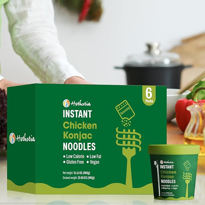 Hethstia Konjac Noodle Chicken Soup, 6-Pack Instant Shirataki Noodle Soup Cups - Low-Calorie, Sugar-Free, Low-Carb, Gluten-Free, 34.32 oz Vegan Konjac Pho Pasta Chicken Broth, Healthy Asian Noodles