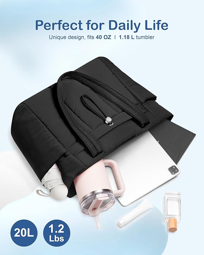 TOPDesign Puffy Tote Bag for Women with Cup Holder & Laptop Compartment & Cosmetic Bag & Trolley Sleeve for Work, Travel