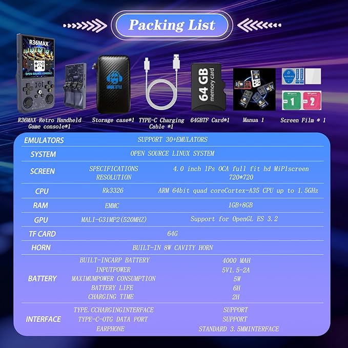 R36MAX 4000mAh Portable Rechargeable Handheld Retro Game Console,Comfort Non-Slip Handheld Standing Retro Game Console with 64G TF Car,4.0-inch Screen,for Office,Purple Gray