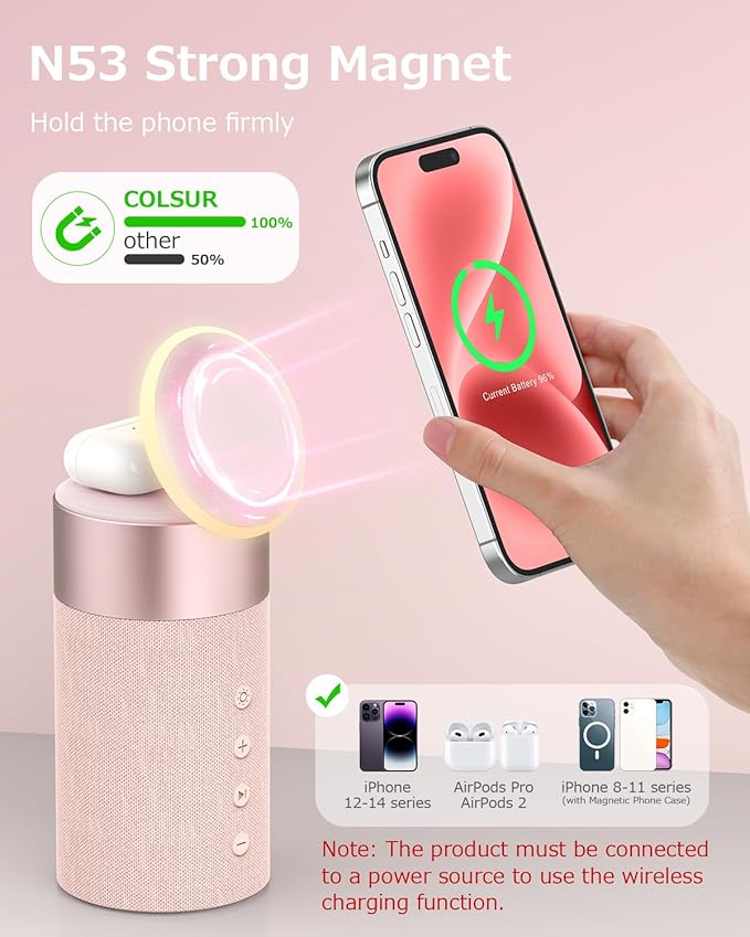 COLSUR Bluetooth Speaker, Magnetic Wireless Charger, Bluetooth Speakers with Night Light, 2 in 1 Wireless Charging Station for iPhone 17/16/15/14/13/12 Series, AirPods Pro 2/4/3/2(Gift Ideal) (Pink)
