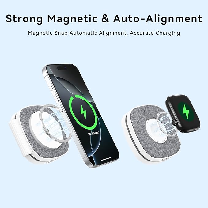 Flodable 2 in 1 Mag-Safe Wireless Charger for iPhone 16 15 14 13 12 Series,Apple Watch Series/Ultra/SE,Airpods/Pro,Portable Magsafe Charger 3 in 1 Wireless Charging Station (Grey with 20W PD Charger)