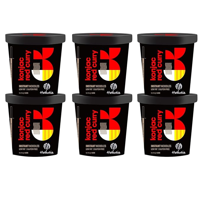 Hethstia Konjac Noodles Red Curry Soup Cups – 6-Pack Shirataki Angel Hair Pasta, Low Carb (4g), Instant Konjac Spicy Red Curry Broth, Gluten-Free, Low Sugar, Low Fat, Healthy Asian Ramen