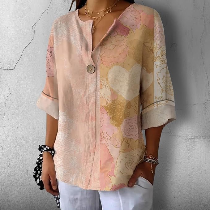 Fashion Shirts for Women Loose Fit Button Down V Neck Blouse 3/4 Sleeves Casual Tunic Tops Summer Outfits
