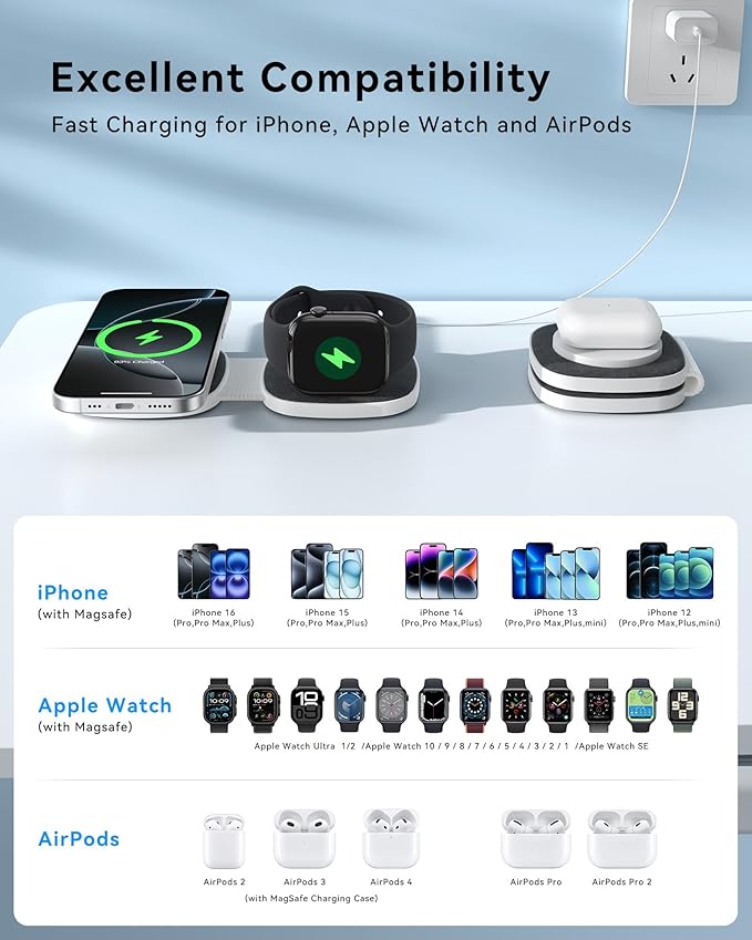 Flodable 2 in 1 Mag-Safe Wireless Charger for iPhone 16 15 14 13 12 Series,Apple Watch Series/Ultra/SE,Airpods/Pro,Portable Magsafe charger 3 in 1 Wireless Charging Station (Black with 20W PD Charger)