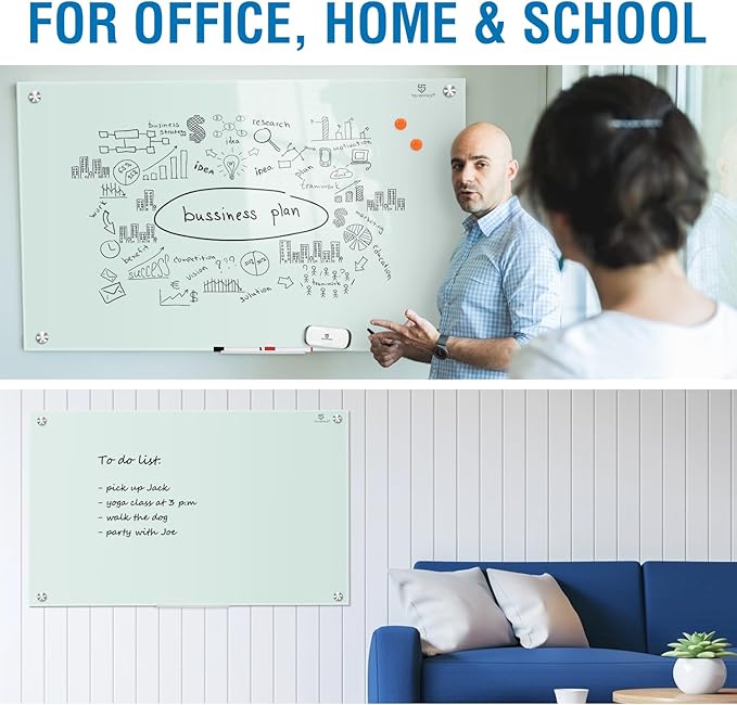 TSJ OFFICE Glass Dry-Erase Board - 36 x 24 Inches Wall Mounted Whiteboard with Magnetism, Large Frameless Glass White Board for Office, Home & School