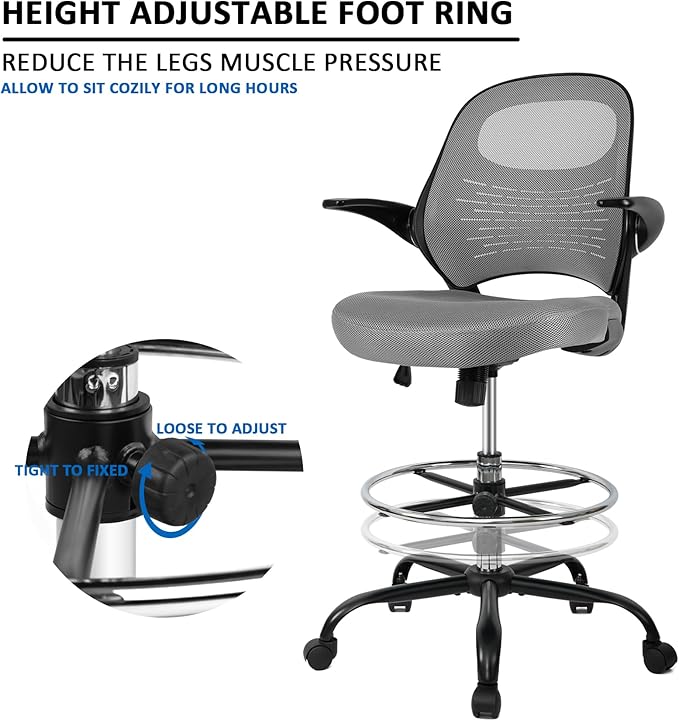HYLONE Tall Drafting Chair Standing Desk Chair with Flip-Up Armrests, Adjustable Height Ergonomic Office Chair with Footrest Ring - High Stool Chair for Standing Desk(Grey)