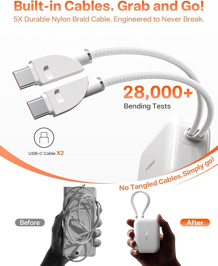 TORRAS EasyGo Portable Charger 10000mAh, 45W Ultra-Fast USB-C Power Bank with Dual Built-in Cables, Integrated Lanyard Design for One-Hand Use, Battery Pack Compatible with iPhone 16/17 Pro, Samsung
