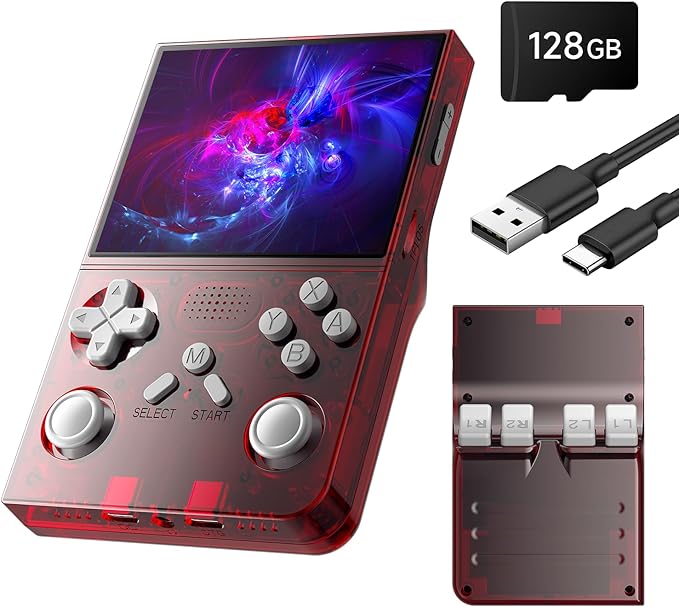 R40 Retro Handheld Game Console - 3.5 Inch IPS Screen, 128GB Storage, Portable Arcade Gaming Device, 3000mAh Battery, Type-C Charging, Red