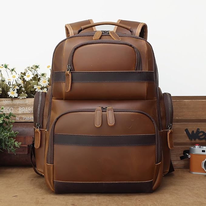TIDING Men's Vintage Leather Backpack 15.6" Laptop Bag Large Capacity Business Travel Hiking Shoulder Daypacks