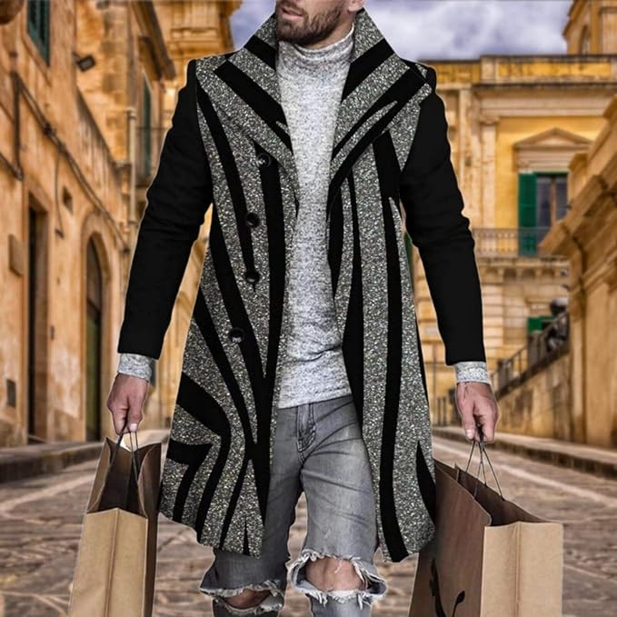 Men's Plaid Long Trench Coat Mid - Length Lapel Collar Button Down Warm Overcoat for Winter & Autumn Fashion