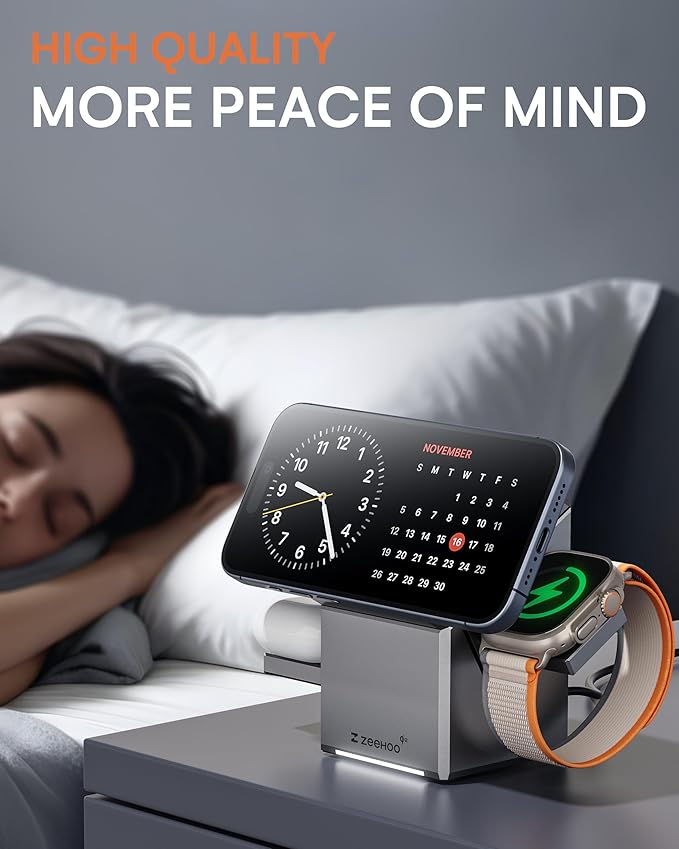 ZEEHOO 3 in 1 Charging Station for Apple, iPhone Mag-Safe Charger, Qi2 Certified, Rotating Wireless Charger Stand for iPhone 17,16,15,14,13,12 Series, Apple Watch, AirPods (USB-C Charger Included)
