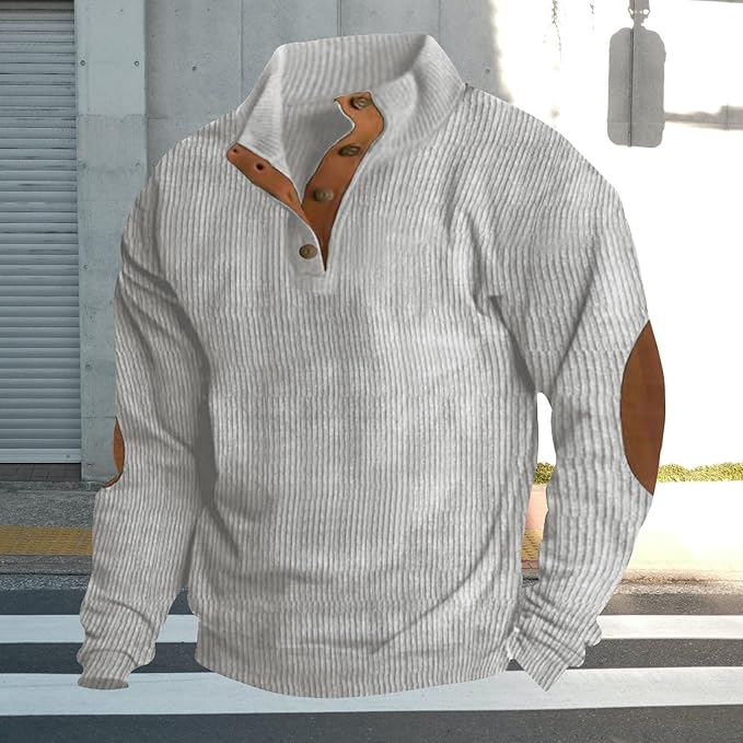 Men's Casual Corduroy Sweatshirt Long Sleeve Elbow Patches Pullover Fashion Stand Collar Quarter Button Sweatshirts