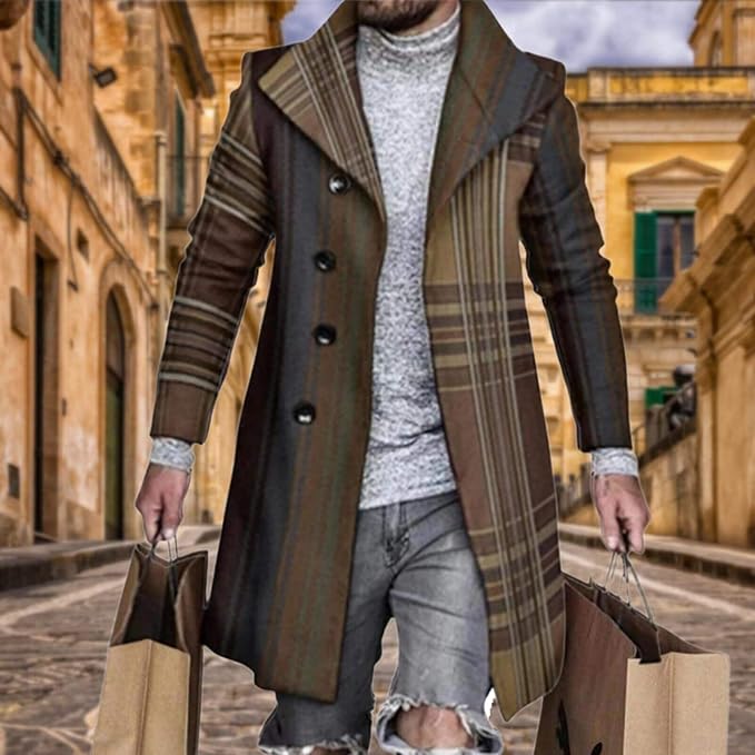 Men's Plaid Long Trench Coat Mid - Length Lapel Collar Button Down Warm Overcoat for Winter & Autumn Fashion