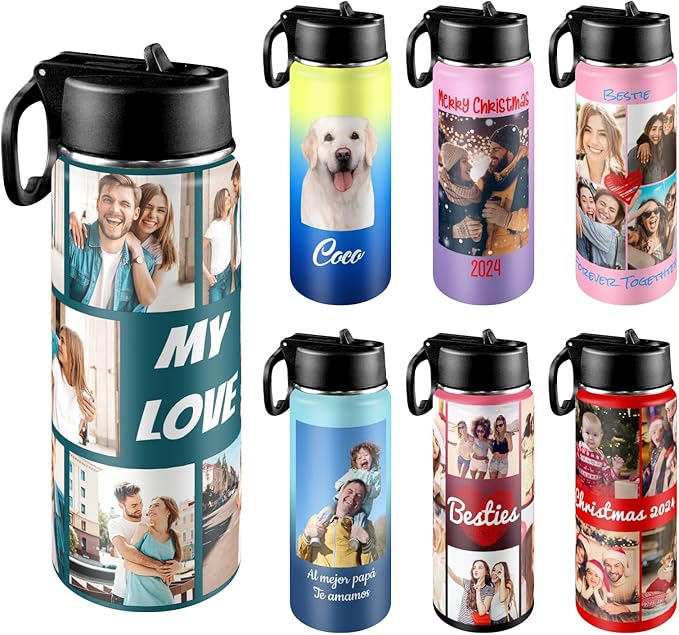 Personalized Photo Water Bottles, 18oz/32oz Custom Pictures Stainless Steel Insulated Sport Water Bottle with Straw Lid & Handle, Customized Cup Gifts for Men Women Birthday Anniversary Christmas