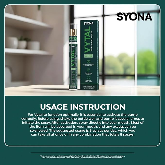 SYONA - VYTAL - Boosting Spray - Cardiovascular and Cognitive - Peppermint and Vanilla Flavor - B12, B3, L-Arginine - 14ml Pump Bottle