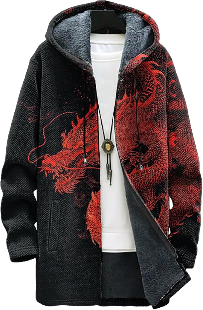 MARSVOVO Long Hooded Cardigan Men Japanese Art Style Fashion Cool Graphic Streetwear Winter Warm Lined Fleece Jacket