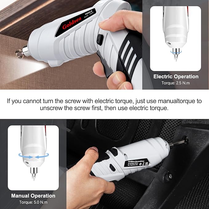 Electric Screwdriver Cordless, Goldsea 4.2V 3.5N.m 1500mAh Battery Rechargeable via Type-c, 1/4" 10pcs Magnetic Bits, Hex Chuck, 90° to 180° Adjustable Handle, LED Light for Home DIY & Repairs-Gray