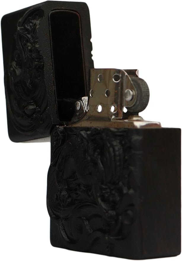 Natural Ebony Black Wood Carved Lighter Shell Box For Zippo Module (Wing Kylin)