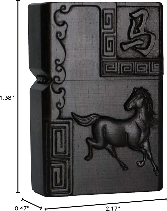 Natural Ebony Black Wood Carved Lighter Shell Box For Zippo Module (Zodiac Horse)