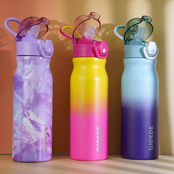 BJPKPK 25oz Insulated Water Bottle with Straw Stainless Steel Double Wall Water Bottles BPA Free Leak Proof Thermal Flask with Lockable Flip Lid and Soft Silicone Spout,Rainbow