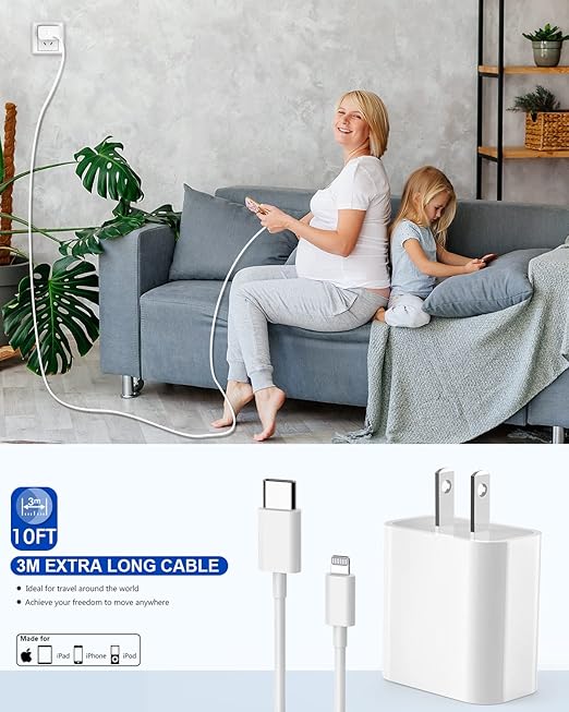 iPhone Fast Charger,Extra Long iPhone Charger Fast Charging 10Foot 2Pack i Phone Chargers 10FT USB C to Lightning Cable Cord Adapter for iPhone 14 Pro Max/14 Plus/13 Mini/13/12/11/X/XR/SE/iPad/AirPods