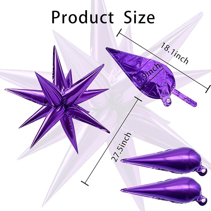 Purple Balloons Mylar Star Balloon 60Pcs Foil Spike Balloons Explosion Large Prom Ballons for Birthday Halloween Bachelorette Anniversary Wedding Engagement Party Decorations