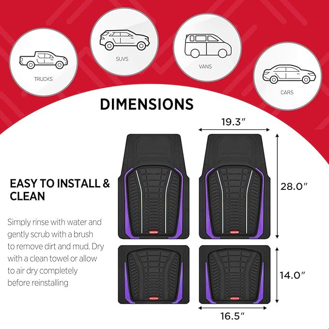 Rubbermaid Car Floor Mats Full Set – Premium All-Weather Car Mat with Brushed Aluminum Inserts, Universal Trim-to-Fit Design, Anti-Slip Backing for Cars, SUVs, Trucks, and Vans