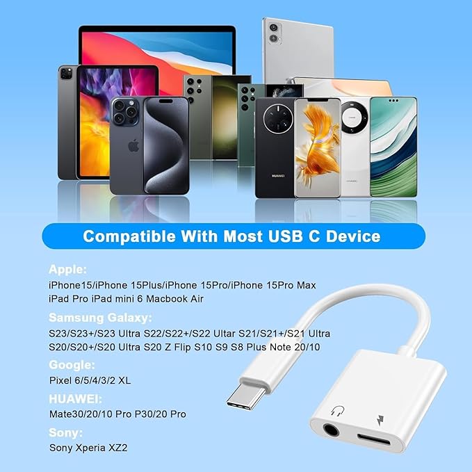 USB C to 3.5mm Headphone Jack and Charger Adapter, 2-Pack 2-in-1 Audio & Fast Charging Splitter for iPhone 17/16/15/Pro/Pro Max, iPad, Samsung Galaxy, Google Pixel & More USB-C Devices