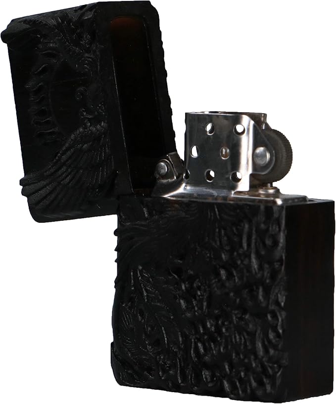 Natural Ebony Black Wood Carved Lighter Shell Box for Zippo Module (Phoenix Nirvana)