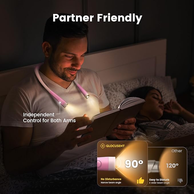 Glocusent Book Light, 3-Color & 6-Brightness Reading Light, Bendable Neck Light, 80-hr Lasting Rechargeable Book Light, Perfect Reading Lights for Books in Bed, Knitting, Book Lovers Gifts - 1Pack