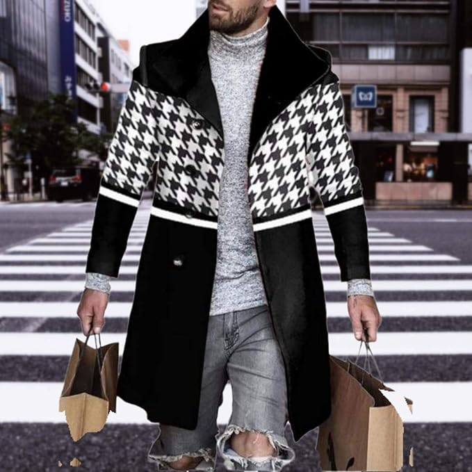 Men's Plaid Long Trench Coat Mid - Length Lapel Collar Button Down Warm Overcoat for Winter & Autumn Fashion