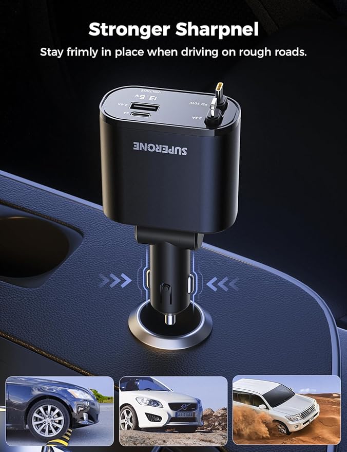 【Upgraded】 SUPERONE Retractable Car Charger 4 in 1, Fast Car Phone Charger with Cord 2.6ft, USB C and Apple Car Adapter, Compatible with iPhone 17 16 15/15 Pro Max/14/13/12/11, Galaxy, Pixel