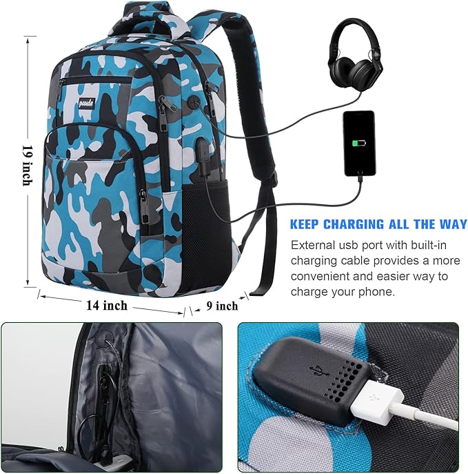 17 inch Backpack for Men,College Backpack School Bookbag for Teens,Travel Laptop Bookbag with USB Port and Headphone Hole,Camouflage Blue