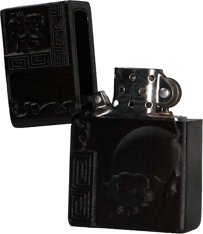 Natural Ebony Black Wood Carved Lighter Shell Box For Zippo Module (Zodiac Pig)