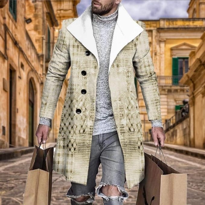 Men's Plaid Long Trench Coat Mid - Length Lapel Collar Button Down Warm Overcoat for Winter & Autumn Fashion