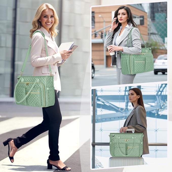 RAINSMORE Teacher Tote Bag 15.6 inch Laptop Bag for Women Work Bags Laptop Tote Nurse Bag Professional Computer Messenger with Insulated Pocket, Laptop Briefcase for Office, College, Mint Green