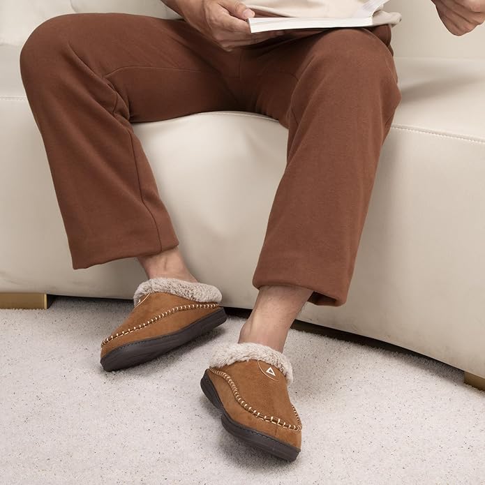 ATHMILE Mens Slippers Warm Moccasin Memory Foam House Shoes Indoor Outdoor Fuzzy Plush Lined Slippers for Home Bedroom