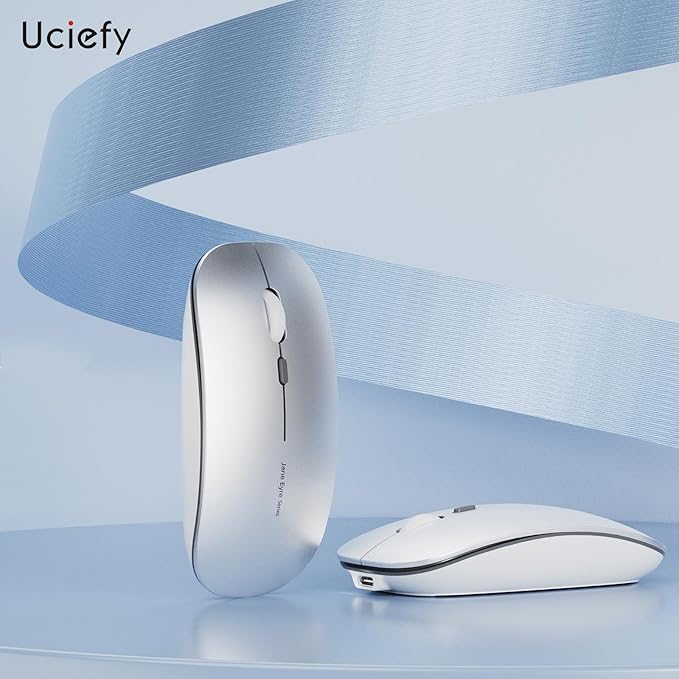 Q5 Slim Rechargeable Wireless Mouse, 2.4G Portable Optical Silent Ultra Thin Wireless Computer Mouse with USB Receiver and Type C Adapter, Compatible with PC, Laptop, Notebook, Desktop (Silver)